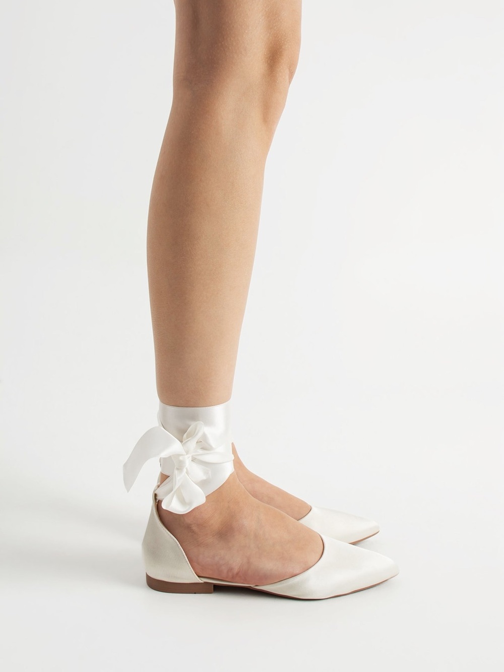 Eleanor Louise ivory Satin Pointed Ballet Flats with Ankle Tie